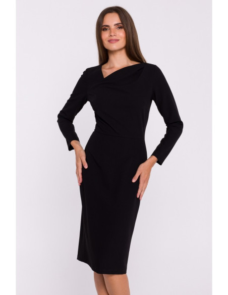 S376 Asymmetrical neckline pencil dress - black