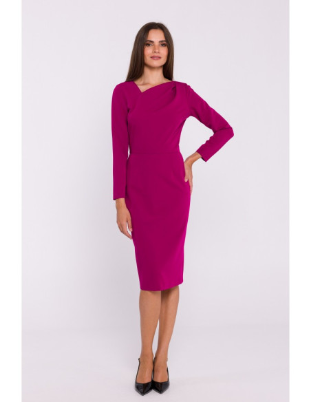 S376 Asymmetrical neckline pencil dress - plum