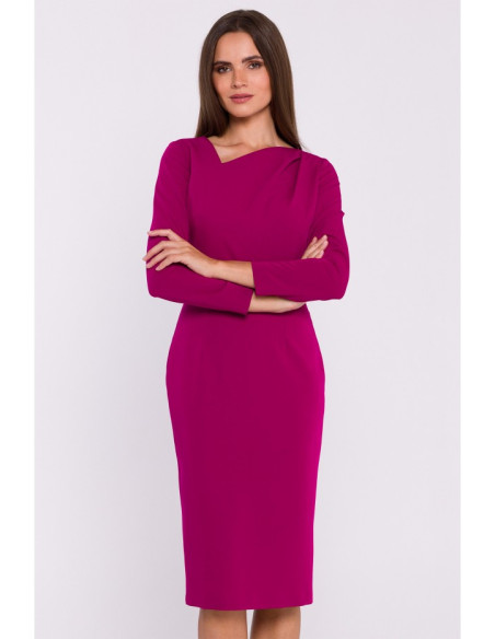 S376 Asymmetrical neckline pencil dress - plum