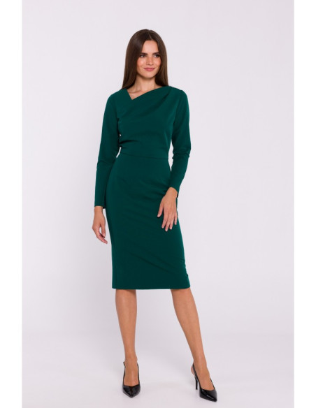 S376 Asymmetrical neckline pencil dress - green