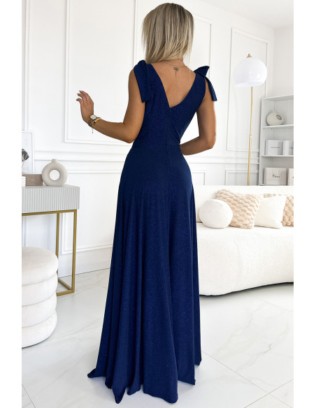  405-5 ELENA Long dress with a neckline and ties on the shoulders - navy blue with glitter 