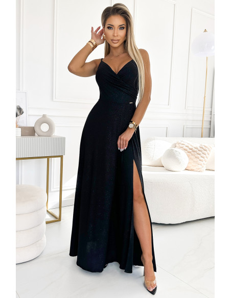  299-18 CHIARA elegant maxi dress with straps - black with glitter 