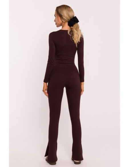 M816 Ribbed leggings with split leg design - brown