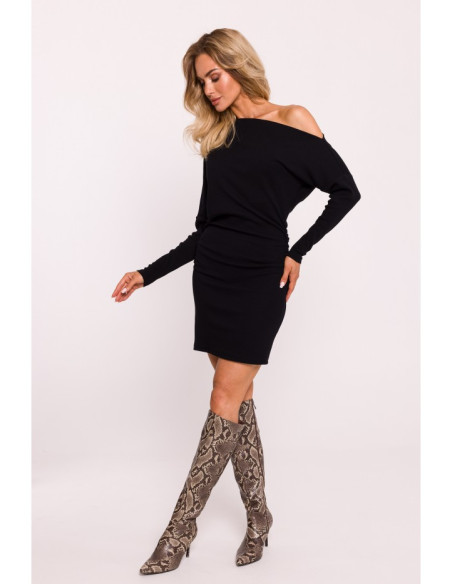 M818 Drop shoulder rib knit dress - black