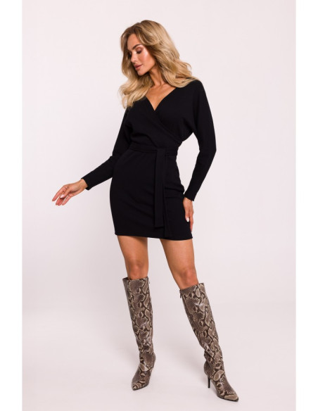 M819 Wrap top rib knit dress - black