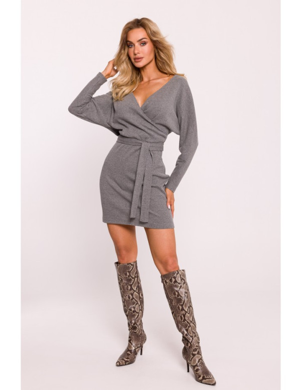 M819 Wrap top rib knit dress - grey melange