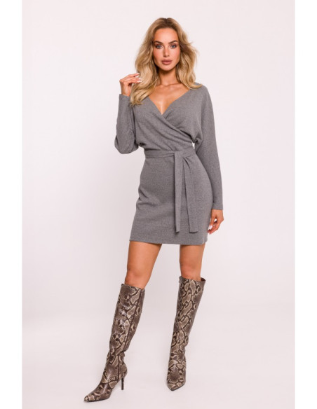 M819 Wrap top rib knit dress - grey melange