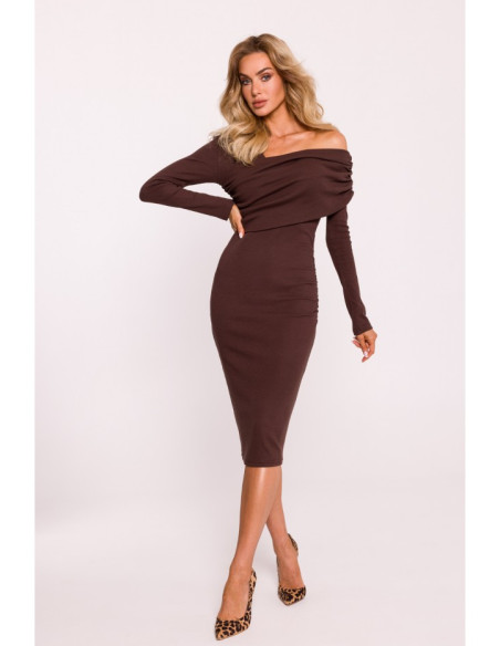 M820 Asymmetrical neckline rib knit dress - brown