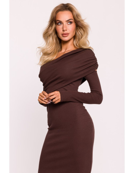 M820 Asymmetrical neckline rib knit dress - brown