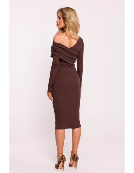 M820 Asymmetrical neckline rib knit dress - brown