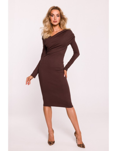 M820 Asymmetrical neckline rib knit dress - brown