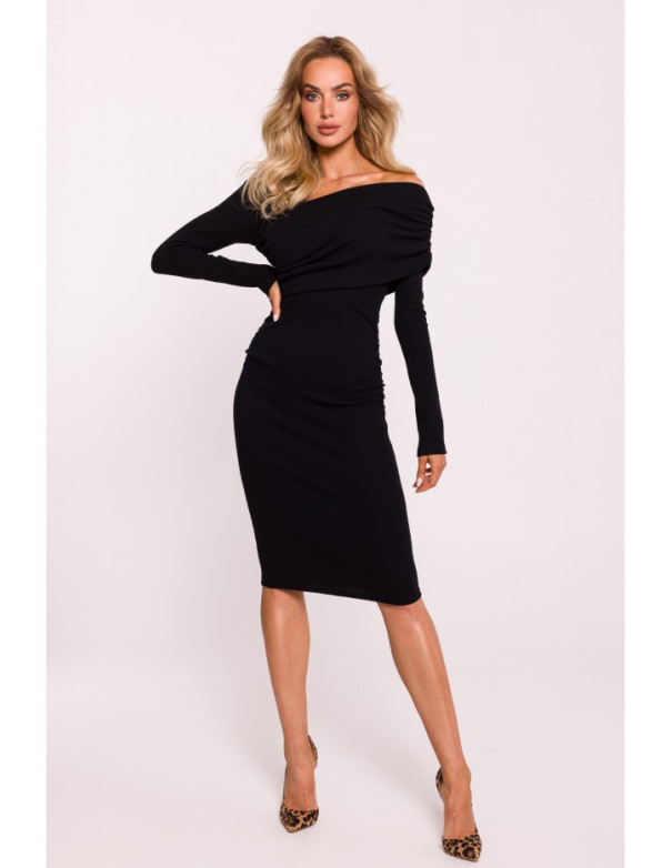 M820 Asymmetrical neckline rib knit dress - black