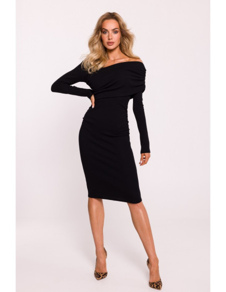 M820 Asymmetrical neckline rib knit dress - black