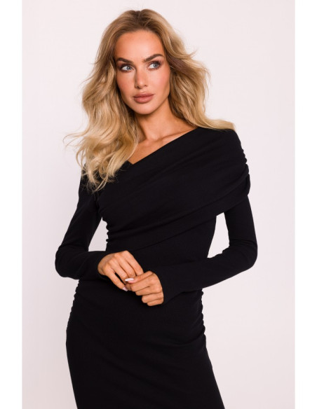 M820 Asymmetrical neckline rib knit dress - black