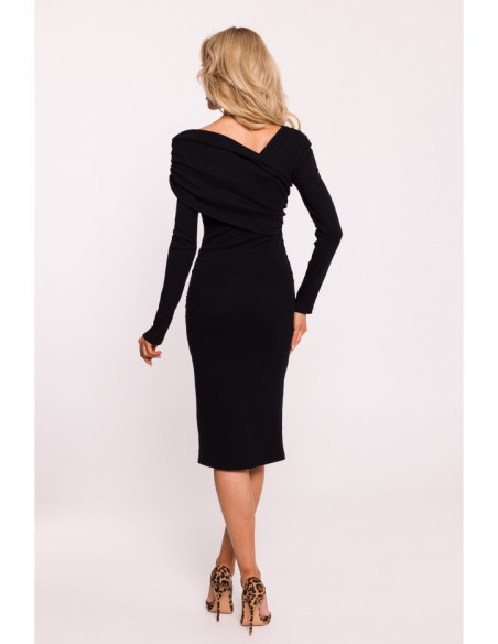 M820 Asymmetrical neckline rib knit dress - black