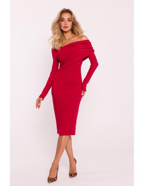 M820 Asymmetrical neckline rib knit dress - red