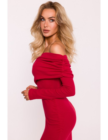 M820 Asymmetrical neckline rib knit dress - red