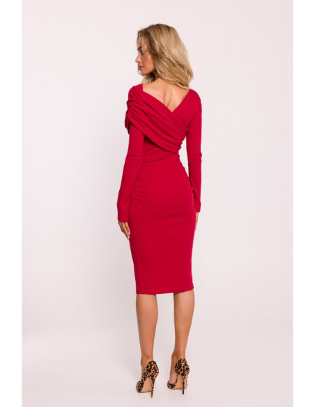 M820 Asymmetrical neckline rib knit dress - red