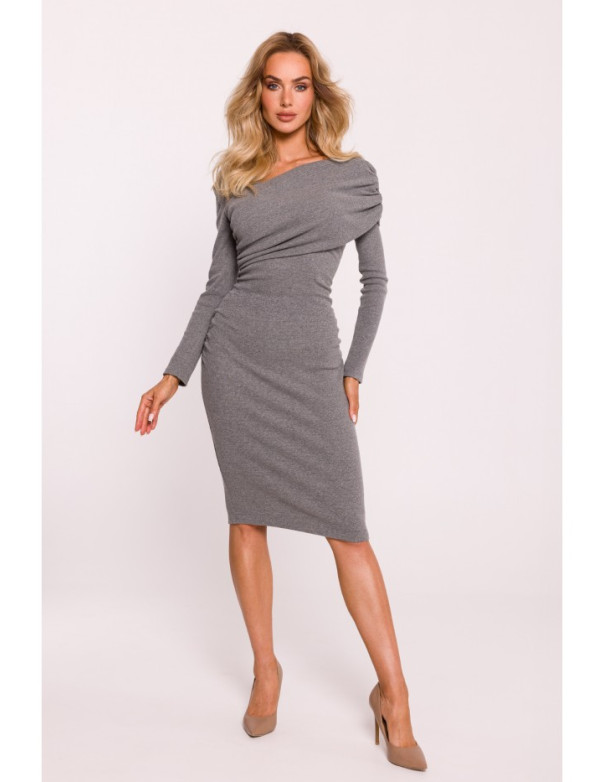 M820 Asymmetrical neckline rib knit dress - grey melange