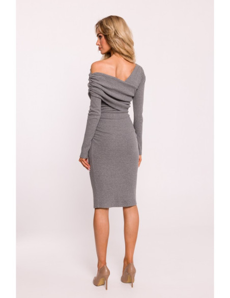 M820 Asymmetrical neckline rib knit dress - grey melange