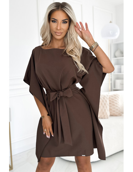  287-33 SOFIA Butterfly dress with a binding at the waist - chocolate color 