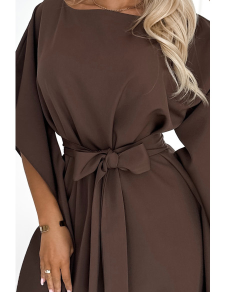  287-33 SOFIA Butterfly dress with a binding at the waist - chocolate color 