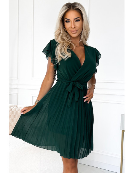  424-6 Chiffon pleated dress with a neckline and frills - green 