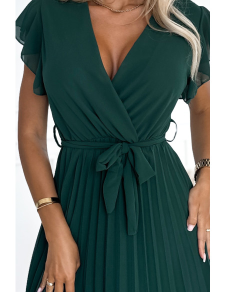  424-6 Chiffon pleated dress with a neckline and frills - green 