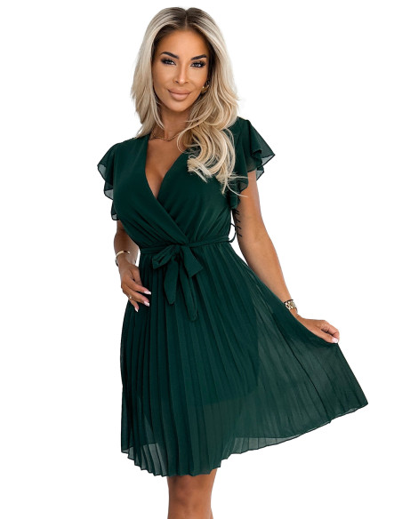  424-6 Chiffon pleated dress with a neckline and frills - green 