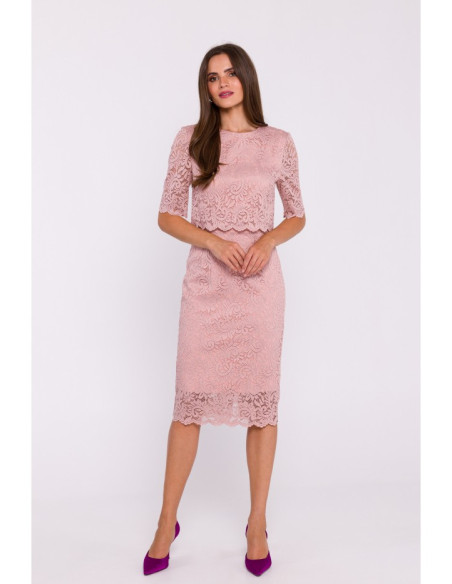 S379 Lace dress with double layerd top - powder