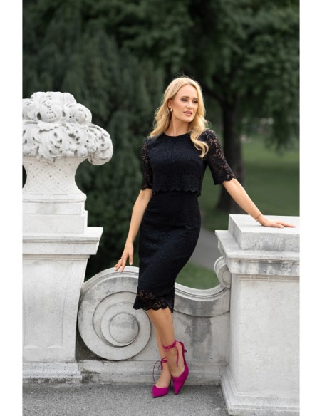 S379 Lace dress with double layerd top - black