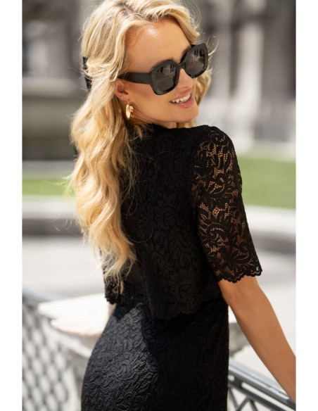 S379 Lace dress with double layerd top - black