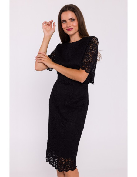 S379 Lace dress with double layerd top - black