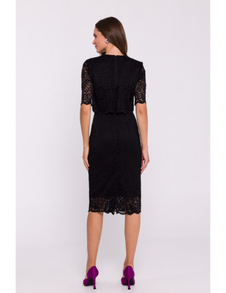 S379 Lace dress with double layerd top - black