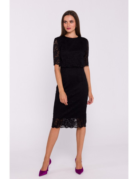 S379 Lace dress with double layerd top - black