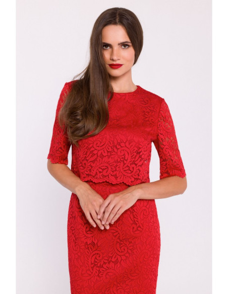 S379 Lace dress with double layerd top - red