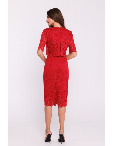 S379 Lace dress with double layerd top - red