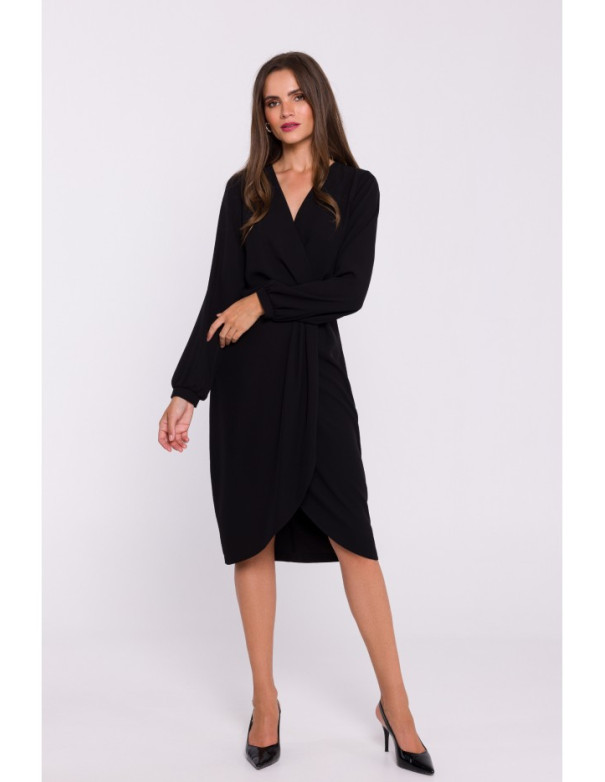 S384 Bishop sleeve dress faux wrap dress - black