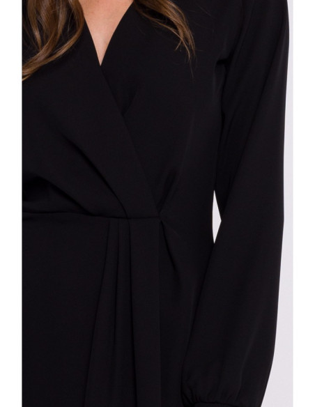 S384 Bishop sleeve dress faux wrap dress - black