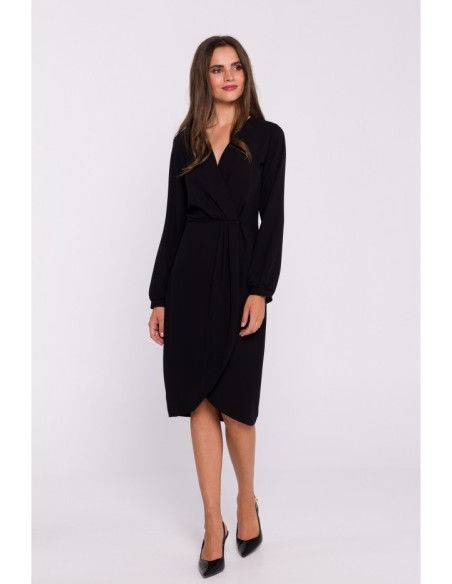 S384 Bishop sleeve dress faux wrap dress - black