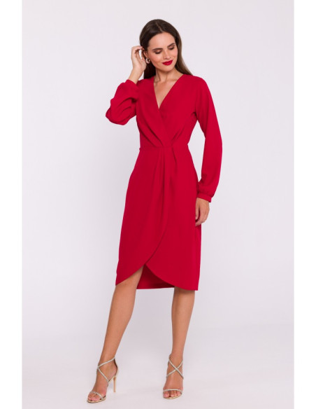 S384 Bishop sleeve dress faux wrap dress - red