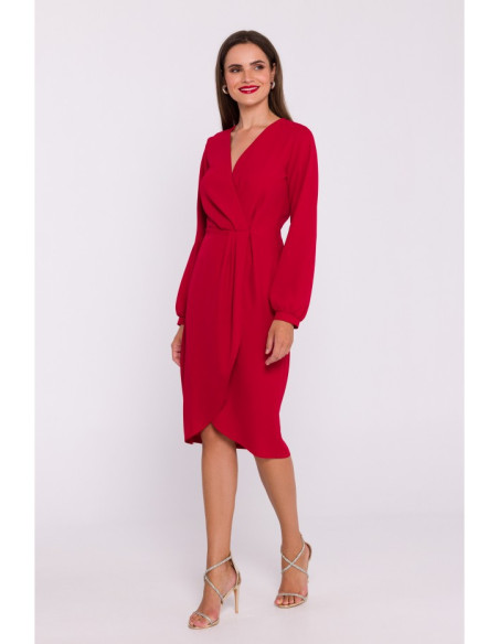 S384 Bishop sleeve dress faux wrap dress - red