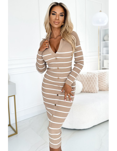  554-1 Elegant jumper MIDI dress with gold buttons and neckline - beige and white stripes 