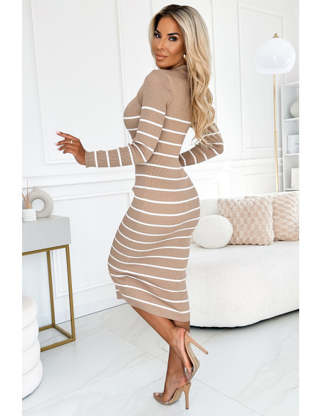  554-1 Elegant jumper MIDI dress with gold buttons and neckline - beige and white stripes 