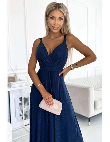  498-1 Long dress with a neckline and double straps - navy blue with glitter 