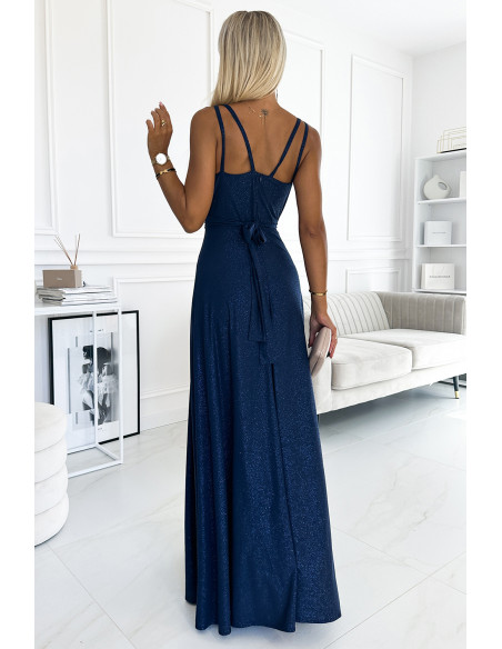  498-1 Long dress with a neckline and double straps - navy blue with glitter 