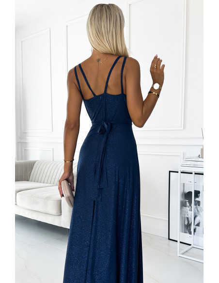  498-1 Long dress with a neckline and double straps - navy blue with glitter 