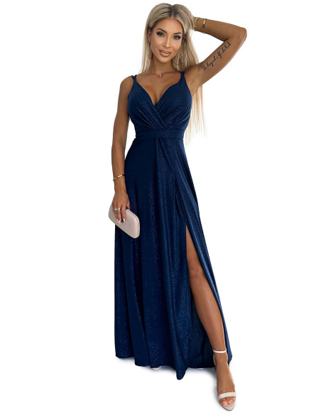  498-1 Long dress with a neckline and double straps - navy blue with glitter 