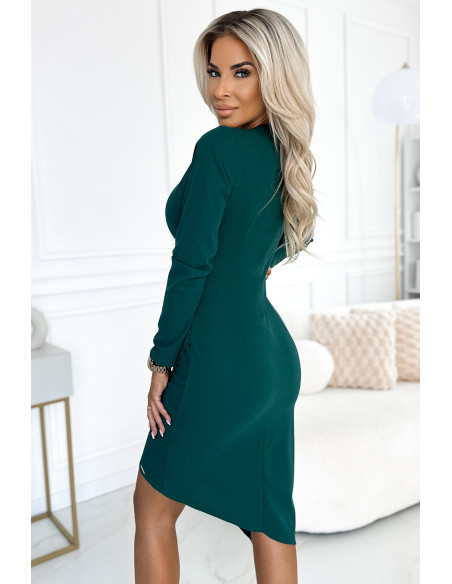  290-3 Asymmetrical dress with long sleeves, neckline and draping - green 