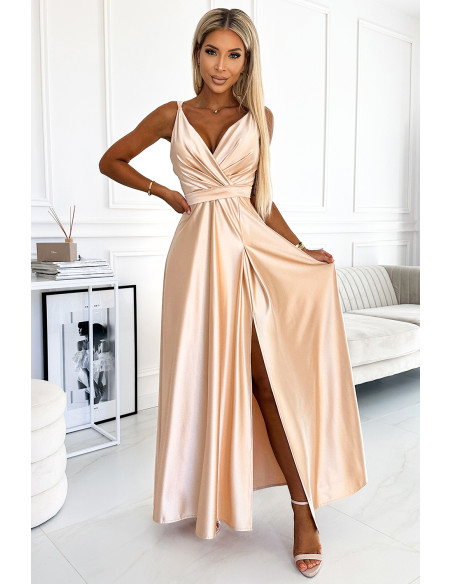  498-5 Long satin dress with a neckline and double straps - golden 